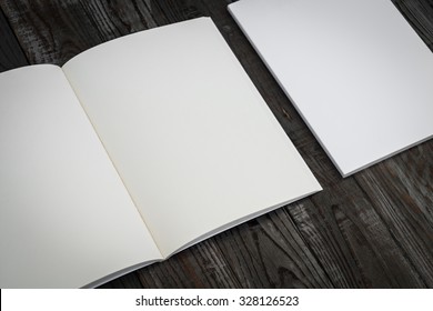 Blank Catalog, Magazines,book Mock Up On Wood Background