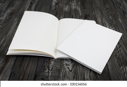 Blank Catalog, Magazines,book Mock Up On Wood Background