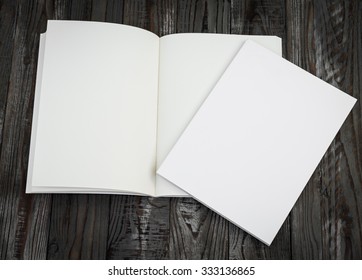 Blank Catalog, Magazines,book Mock Up On Wood Background