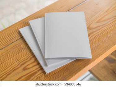 Blank Catalog, Magazines,book Mock Up On Wood Background