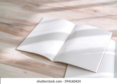 Blank Catalog, Magazines,book Mock Up On Wood Background.