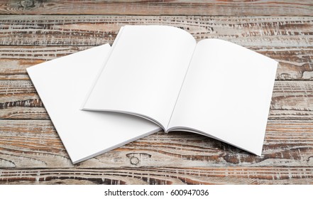 Blank Catalog, Magazines,book Mock Up On Wood Background