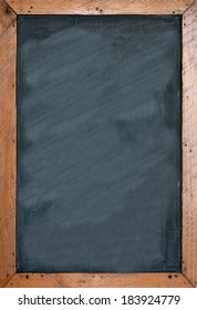 Blank Chalkboard With Brown Wooden Frame. Empty Space For Insertion And To Add Text. No People. Copy Space