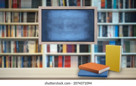 Blank Chalkboard In Front Of Blurry Library Background