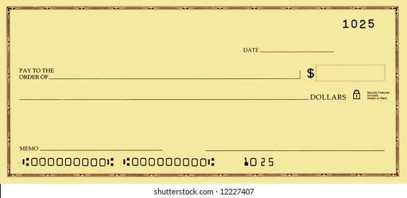 Blank check with false numbers in a gold tone.