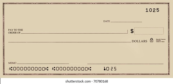 Blank Check With False Numbers In A Gold Tone.