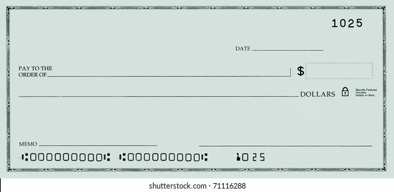 Blank check with false numbers in a green tone.