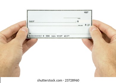 A Blank Check Held In A Man's Hand.