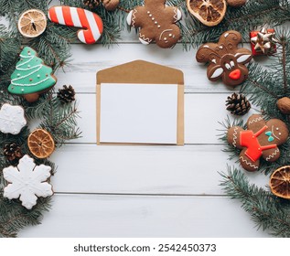 A blank Christmas card on a wooden table, surrounded by festive cookies, pine branches, and holiday decorations. Perfect for holiday greetings and warm celebrations. - Powered by Shutterstock