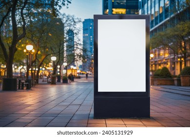 Blank city format Billboard (LightPoster, CityLight) banner pylon in in the city center mock-up at night. Blurred background, copy space