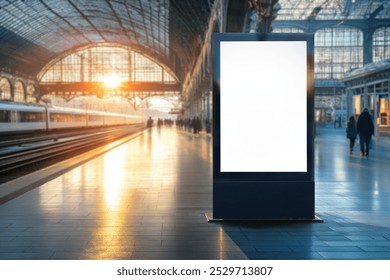 Blank City Format Billboard (LightPoster, CityLight) Pylon in train station. Blurred background, copy space.  - Powered by Shutterstock