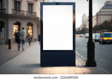 Blank city format (LightPoster, CityLight) banner pylon on the sidewalk mockup. Billboard in the city center mock up. Blurred background, focus on foreground, copy space - Shutterstock ID 2263689285