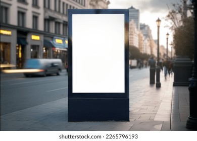 Blank city format (LightPoster, CityLight) banner pylon on the sidewalk mockup. Billboard in the city center mock up. Blurred background, focus on foreground, copy space - Shutterstock ID 2265796193