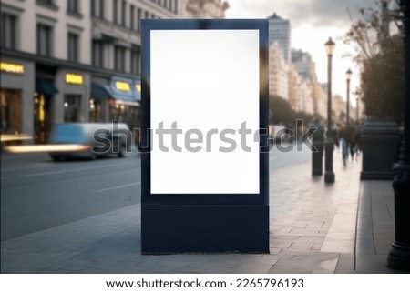 Blank city format (LightPoster, CityLight) banner pylon on the sidewalk mockup. Billboard in the city center mock up. Blurred background, focus on foreground, copy space