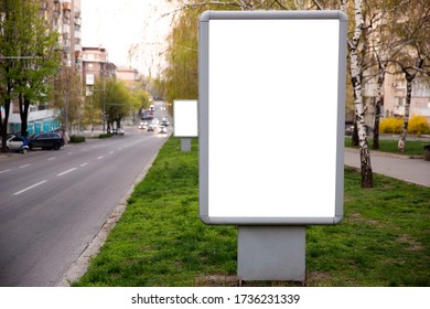 Blank Citylight For Advertising At The City Around, Copyspace For Your Text, Image, Design. Media Marketing, Ads, Promo Announcement, Commercial Propose Or Message. Banner, Template White.