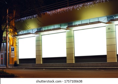 Blank Citylight For Advertising On The Building At City Night, Copyspace For Your Text, Image, Design. Media Marketing, Ads, Promo Announcement, Commercial Propose Or Message. Banner, Template White.