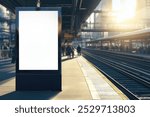 Blank CityLight billboard at a modern train station platform, Copy Space for displaying advertisements or messages. Bright daylight and blurred commuters in the background