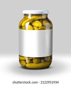 Blank Clear Glass Jar With Pickled Cucumbers For Branding And Mockup, Isolated On White Background, Arabic Recipe Cucumber, Brand Mockup Canned Vegetables, White Label Mockup  Pickles Metal Lid   