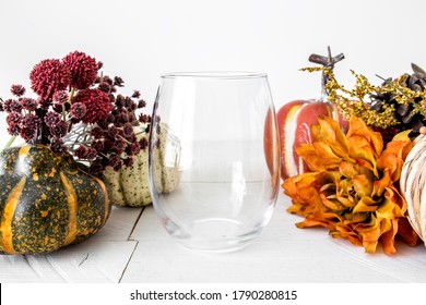 Blank Clear Stemless Wine Glass On White Background With Fall Decor, Thanksgiving/halloween Drinkware Mockup