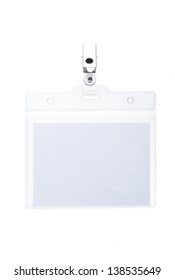 Blank Clip On Name Tag With Copy Space In Plastic Sleeve Isolated On White.