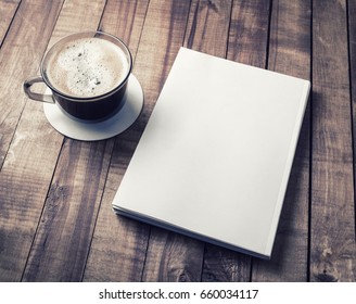 Blank Closed Book And Coffee Cup On Vintage Wooden Background. Responsive Design Template.