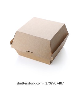 Blank Closed Brown Craft Burger Box Isolated On White Background. Empty Eco Friendly Disposable Package For Burger & Sandwich. Clear Delivery Kraft Box For Fast Food, Branding, Mock Up & Template.