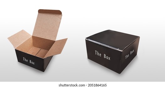 Blank Closed And Open Black Paper Box Or Small Carton Mockup Isolated