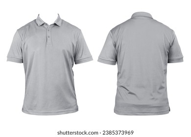 Blank clothing for design. Gray polo shirt, clothing on isolated white background, front and back view, isolated white, plain t-shirt. Mockup. Printable polo shirt design presentation, clipping path.  - Powered by Shutterstock