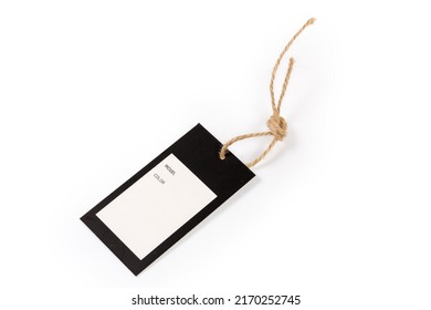 Blank Clothing Swing Tag In The Form Of White And Black Carton Sheet On A Rope On A White Background
