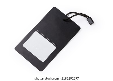 Blank Clothing Swing Tag In The Form Of Black Carton Sheet On A Black Rope On A White Background
