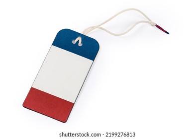 Blank Clothing Swing Tag In The Form Of Red White Blue Carton Sheet On A White Rope On A White Background
