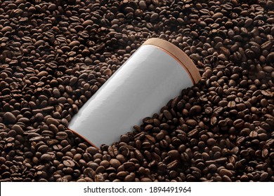 Blank coffee container mockup on coffee seeds background, coffee packaging mockup with empty space to display your branding design.