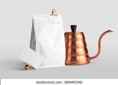 Blank coffee packaging with a business card, greeting card, copper pot, coffee packaging mockup with empty space to display your branding design.