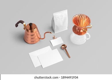 Blank Coffee Packaging, With Card, Envelope, Copper Pot, Dripper, Spoon, Coffee Packaging Mockup With Empty Space To Display Your Branding Design.