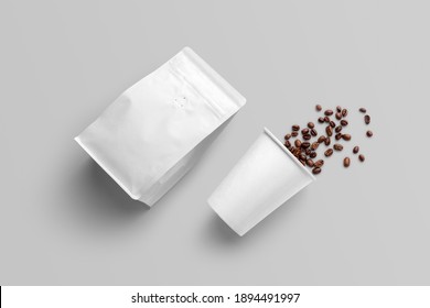 Blank coffee packaging, coffe cup with seeds, packaging mockup with empty space to display your branding design.