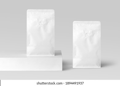 Blank coffee packagings, front view on a white background, coffee packaging mockup with empty space to display your branding design.