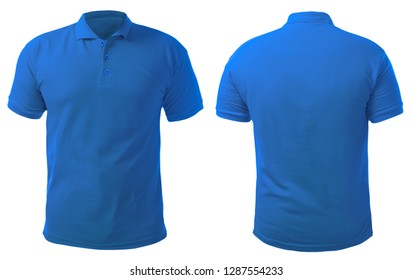 Blank Collared Shirt Mock Up Template, Front And Back View, Isolated On White, Plain Blue T-shirt Mockup. Polo Tee Design Presentation For Print.