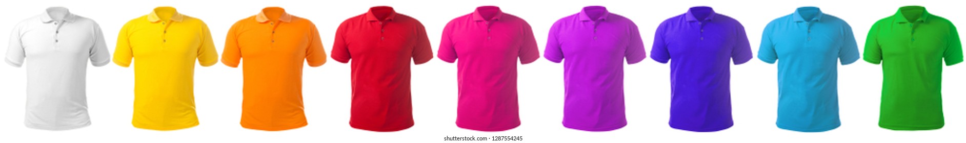 Blank collared shirt mock up template, front  view, isolated on white, plain t-shirt mockup in many color. Polo tee design presentation for print.