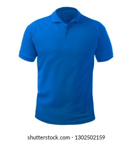 Blank Collared Shirt Mock Up Template, Front  View, Isolated On White, Plain Blue T-shirt Mockup. Polo Tee Design Presentation For Print.