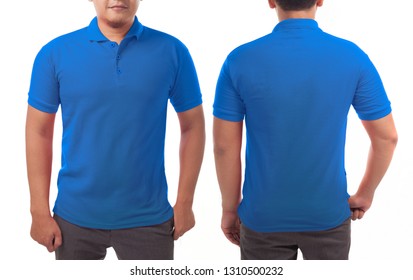 Blank collared shirt mock up template, front and back view, Asian male model wearing plain blue t-shirt isolated on white. Tee design mockup presentation for print.