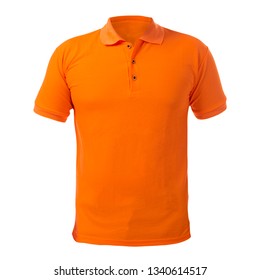 Blank collared shirt mock up template, front  view, isolated on white, plain orange t-shirt mockup. Polo tee design presentation for print.