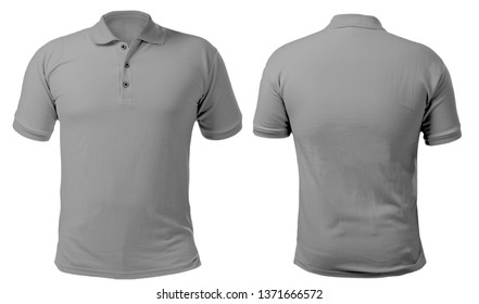 Blank collared shirt mock up template, front and back view, isolated on white, plain gray t-shirt mockup. Polo tee design presentation for print.