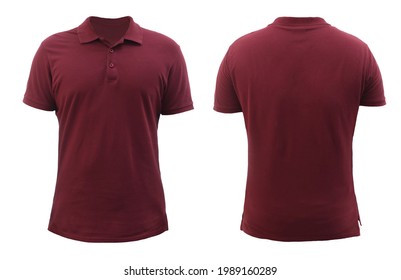 Blank collared shirt mock up template, front and back view, plain maroon red t-shirt isolated on white. Tee design mockup presentation for print