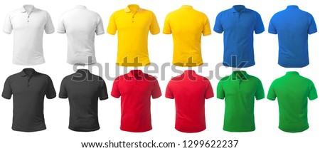 Blank collared shirt mock up template, front and back view, isolated on white, plain t-shirt mockup in many color. tee design presentation for print.