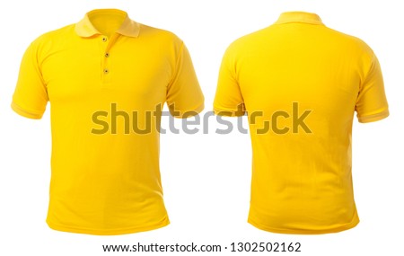 Blank collared shirt mock up template, front and back view, isolated on white, plain yellow t-shirt mockup. Polo tee design presentation for print.