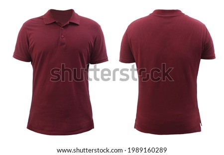 Blank collared shirt mock up template, front and back view, plain maroon red t-shirt isolated on white. Tee design mockup presentation for print
