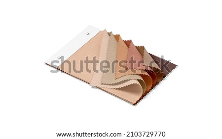 Blank colored fabric catalog with samples mockup, side view, 3d rendering. Empty tissue swatch with hue colour collection mock up, isolated. Clear fiber catalogue with tone choice for design template.