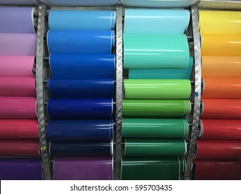 Blank Colorful Of Sticker Background In Roll. Lunched Colorful Sticker Roll Background. Sample Color Patter Of Sticker.