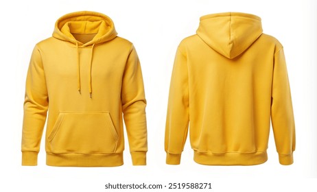 Blank Colorful yellow hoodie mock-up sweatshirt front and back design template. A bearded man wears streetwear. Basic clothing line no logo