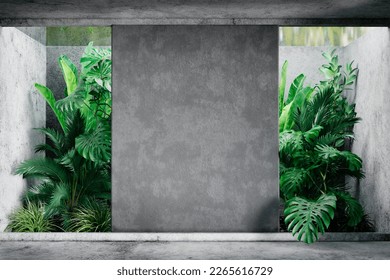 Blank concrete wall in modern empty room with tropical plant garden. Luxury house interior with green palm trees. Minimal architecture design.